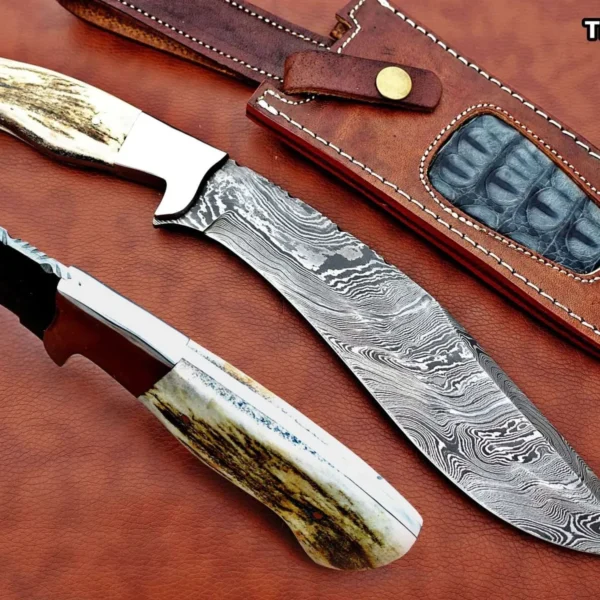 14″ Hand Forged Damascus Kukri Knife with Stag Antler & Sheath
