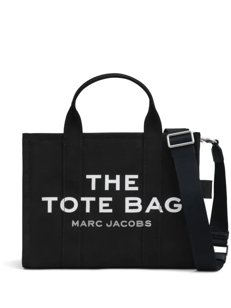 Marc Jacobs medium tote bag with logo print, structured design, and spacious durable everyday carry style.