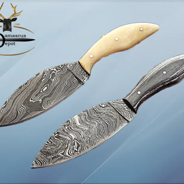 Damascus Steel Pocket Knife with Bull Horn Handle