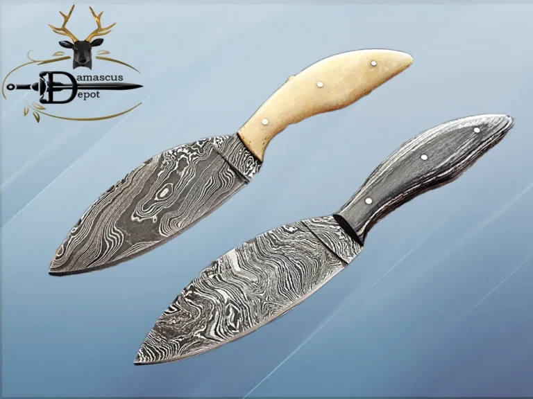 Damascus Steel Pocket Knife with Bull Horn Handle