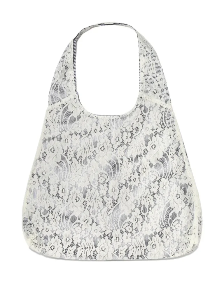 Gohar World lace embroidered Port tote bag with floral lace design, reversible structure, and elegant designer luxury style.