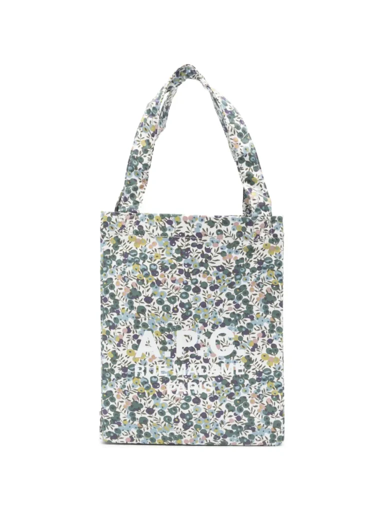 A.P.C. floral tote bag featuring elegant print, spacious interior, and modern designer style perfect for daily use and casual wear