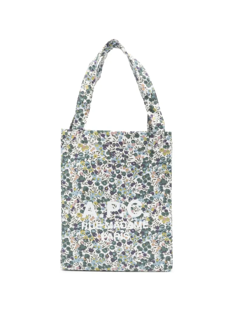 A.P.C. floral tote bag featuring elegant print, spacious interior, and modern designer style perfect for daily use and casual wear