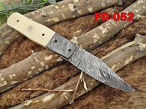 7.5" Damascus Folding Knife with Camel Bone Handle