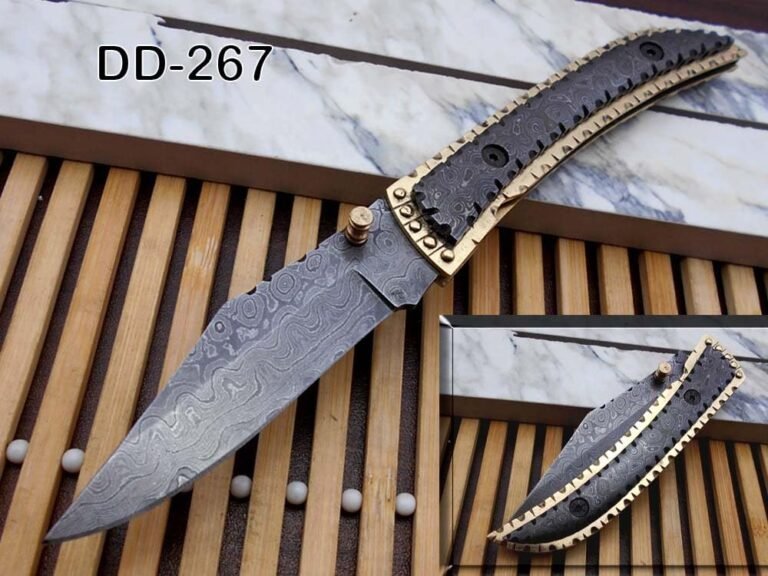 Damascus Folding Knife with Leather Sheath