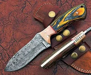 9" Damascus Skinning Knife with Leather Sheath Handmade