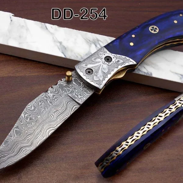 Damascus Steel Folding Knife with Leather Sheath - 8 Inch