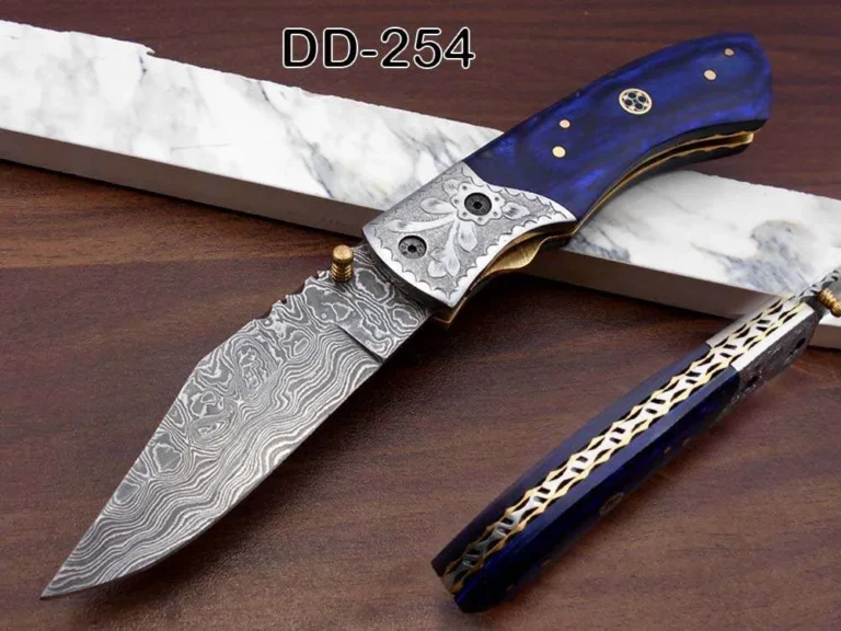 Damascus Steel Folding Knife with Leather Sheath - 8 Inch