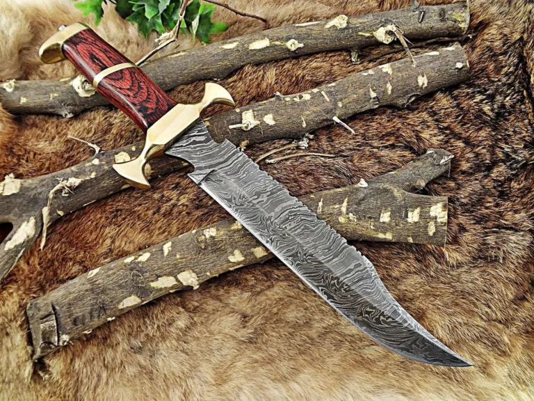 15" Damascus Hunting Bowie Knife with Leather Sheath