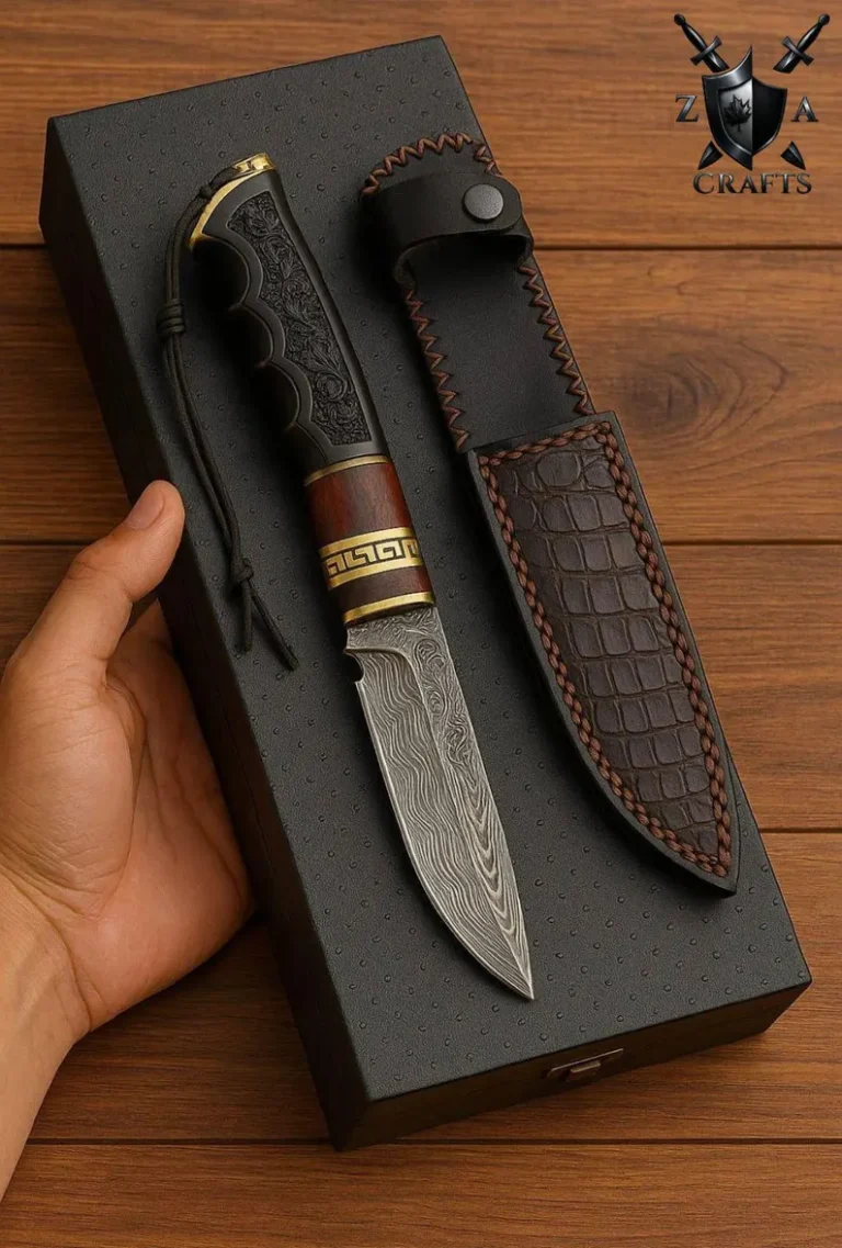 Damascus Steel Hunting Knife – Custom Engraved Handle & Sheath
