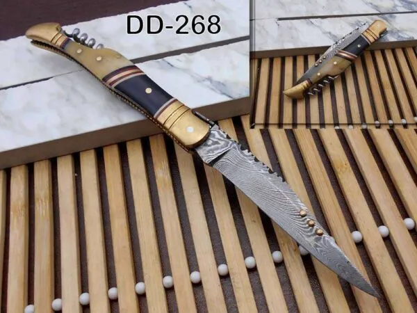 Damascus Steel Folding Knife with Wine Opener - 8 Inch