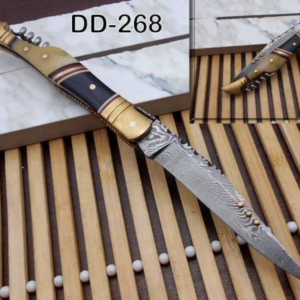 Damascus Folding Knife with Wine Opener & Leather Sheath